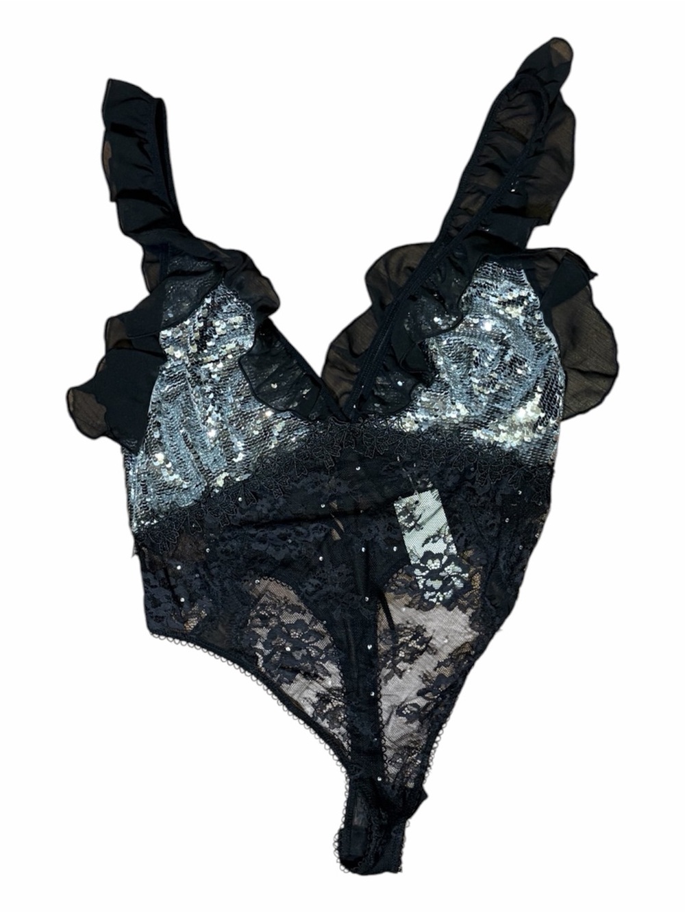 Black Sequin & Lace Ruffle Bodysuit